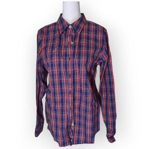 LL Bean Button Up Shirt Medium Women Wrinkle Free Blue Red Plaid Pattern